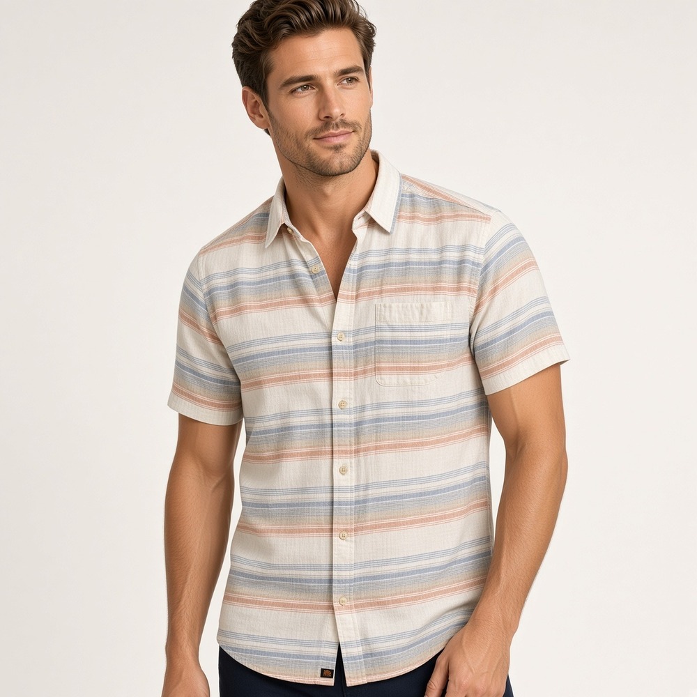 The Normal Brand Mens Large Cotton Linen Striped Short Sleeve Button Down Shirt